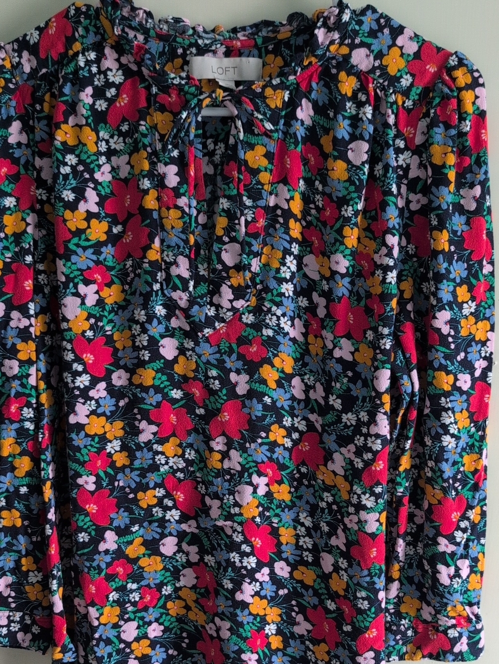 LOFT Black Floral Tie-Neck Blouse with Pink & Yellow Flowers